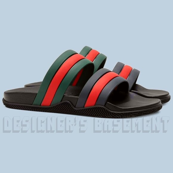 Gucci Other - GUCCI men 8 Agrado WEB straps Green Red Blue on Black rubber Slide sandals NIB